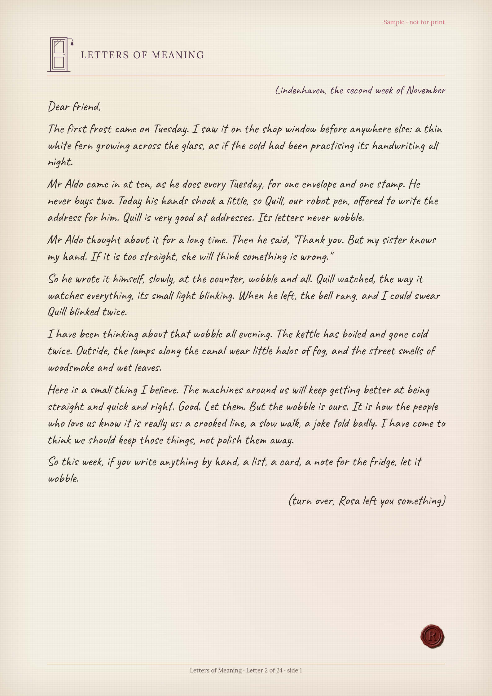 Sample letter, side 1